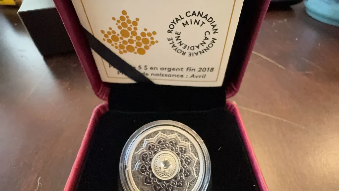 2018 $5 Silver Coin Royal Canadian Mint Birthstones April Swarovski Diamond