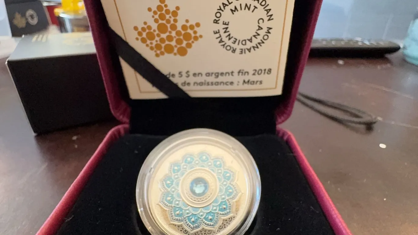 2018 $5 Fine Silver Coin Birthstones: March with Aquamarine Swarovski Crystal
