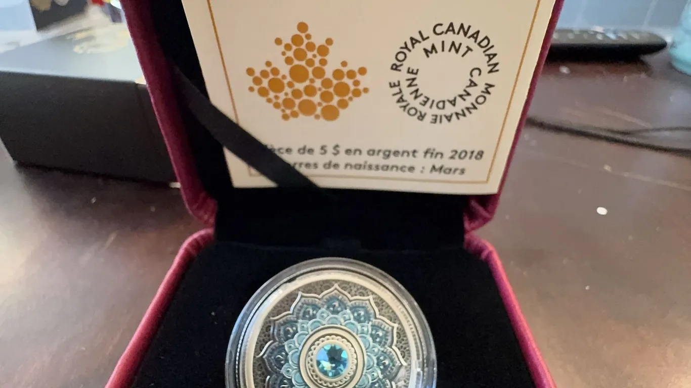 2018 $5 Fine Silver Coin Canadian Birthstones: March, 27mm, 7.96g, Aquamarine Swarovski