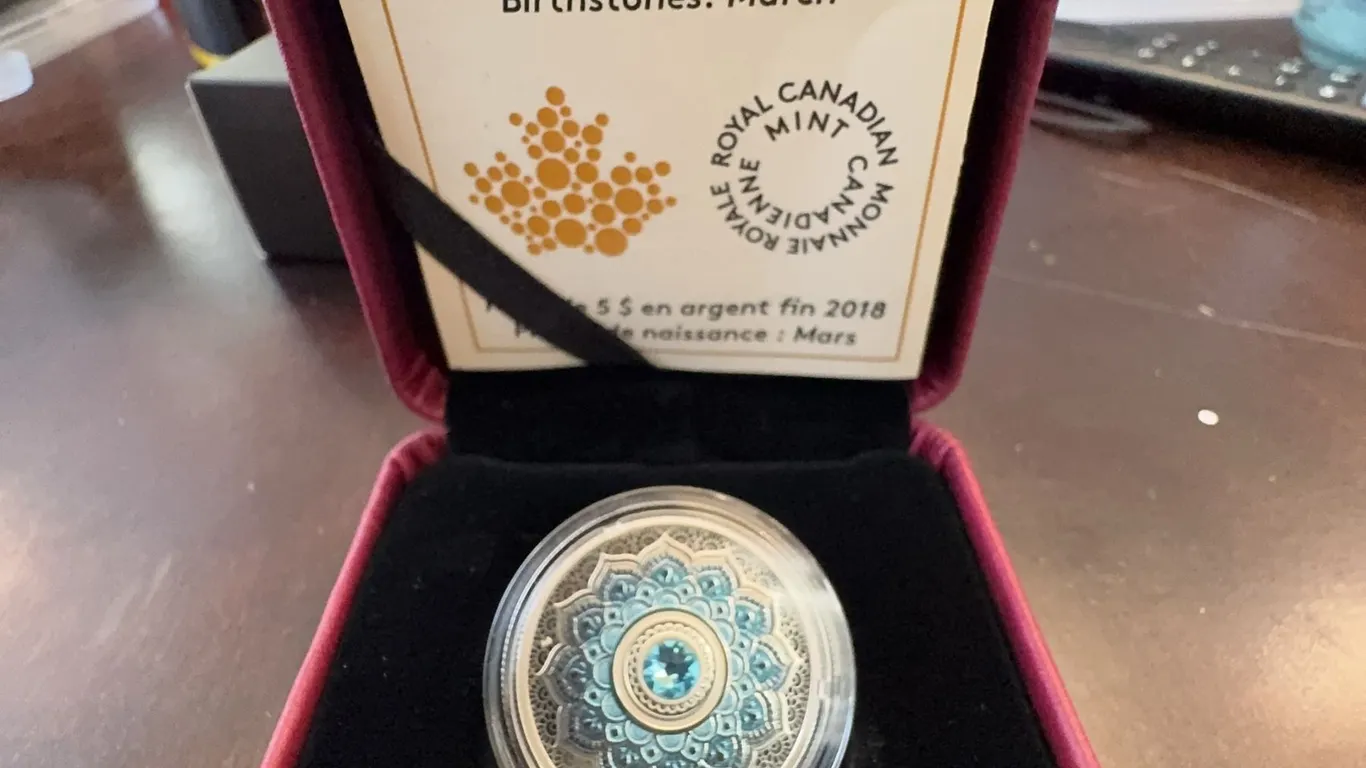 2018 $5 Fine Silver Coin March Birthstone Swarovski Aquamarine Royal Canadian Mint