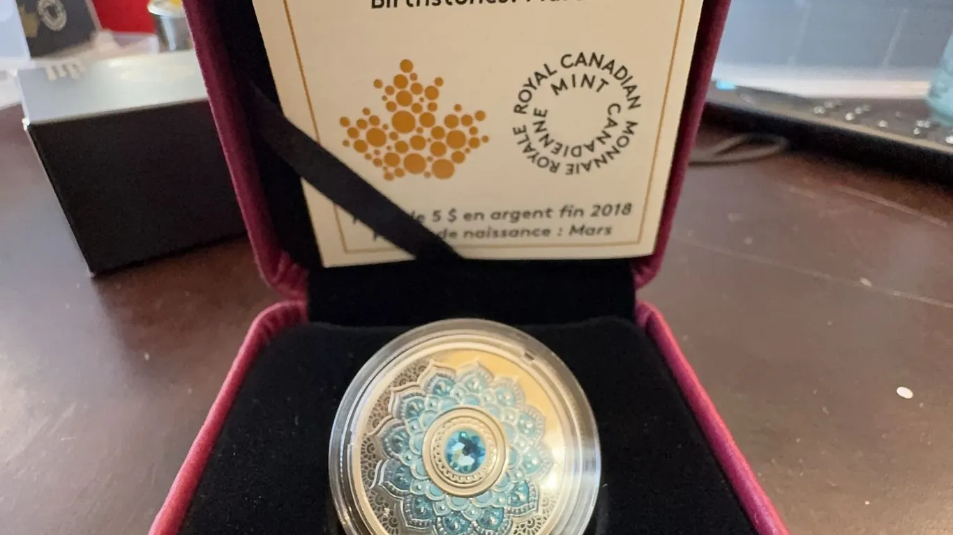 2018 $5 Fine Silver Coin Birthstones March by Royal Canadian Mint with Swarovski Crystal