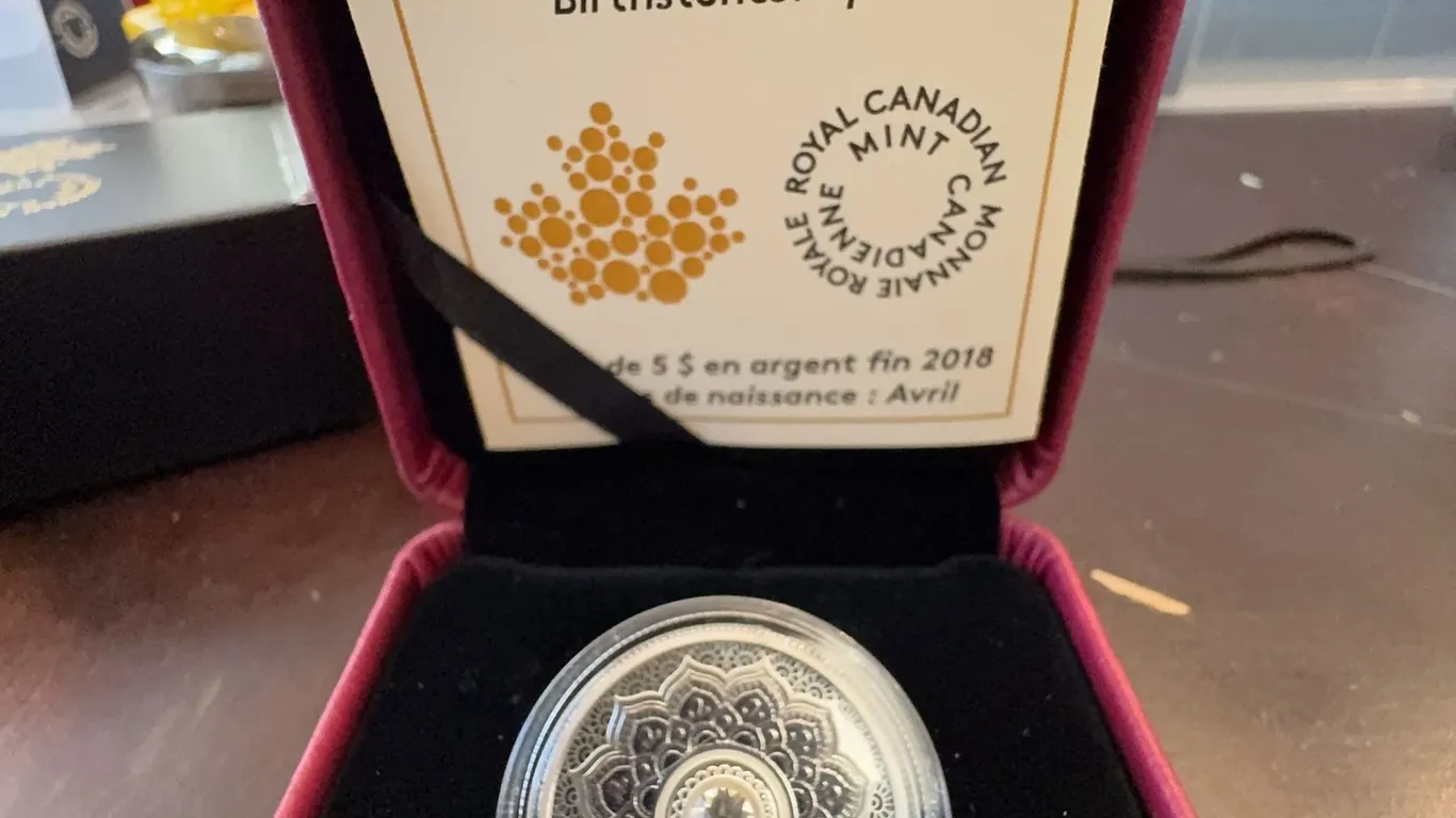2018 $5 Fine Silver Coin Birthstones: April with Swarovski Diamond, RCM, 27mm, 7.96g