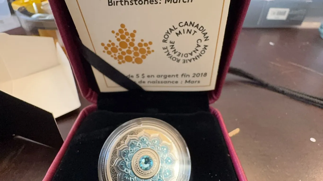 2018 Royal Canadian Mint $5 Fine Silver Birthstones Coin March Aquamarine Swarovski