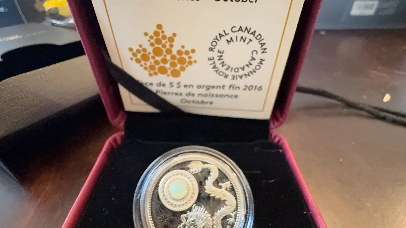 2016 $5 Fine Silver Birthstones Coin - October, Royal Canadian Mint, Opal Swarovski