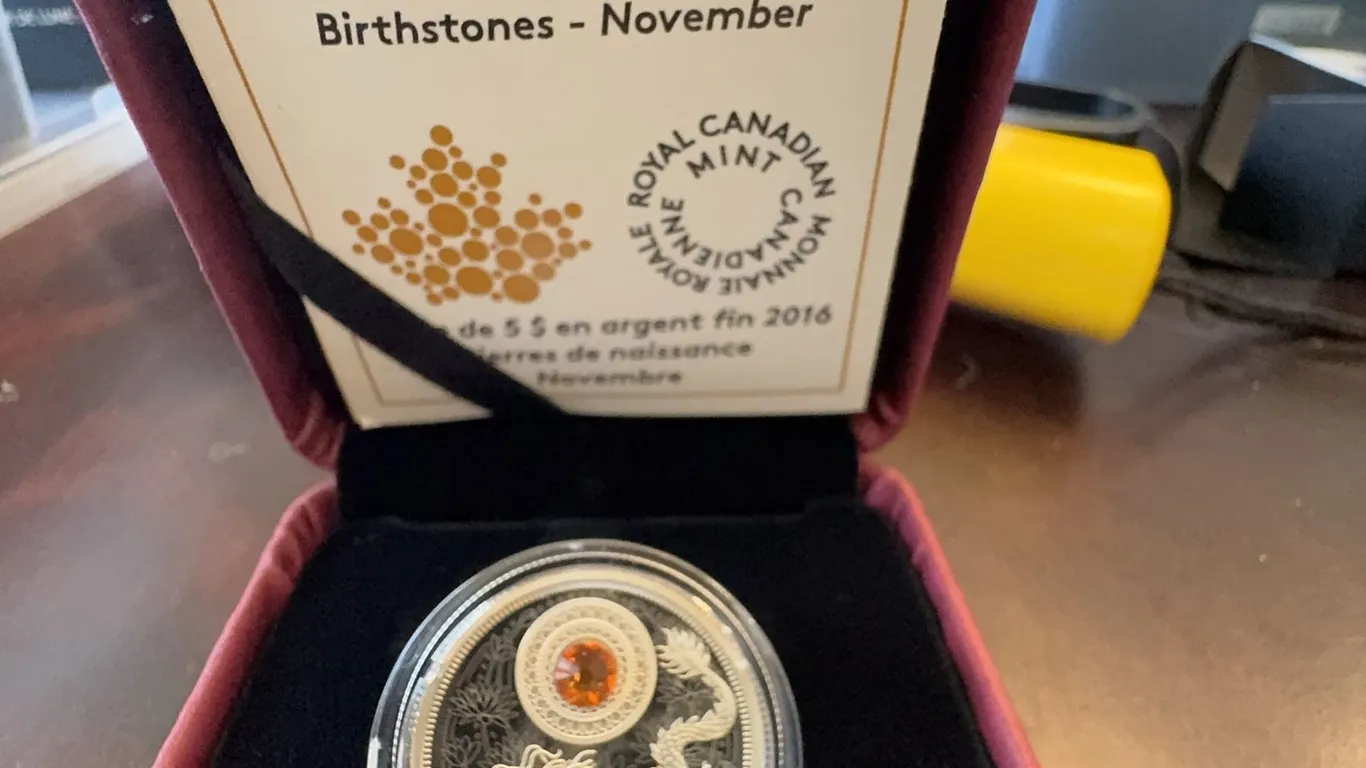 2016 $5 Fine Silver Coin November Birthstones Dragon with Swarovski Topaz, 27mm, 7.96g
