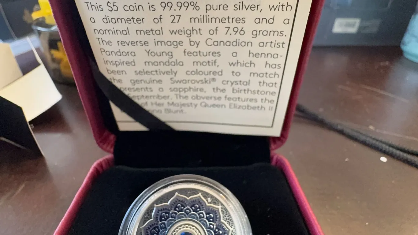 2018 $5 Pure Silver Coin Sapphire Birthstone by Pandora Young, 99.99% Silver, 27mm
