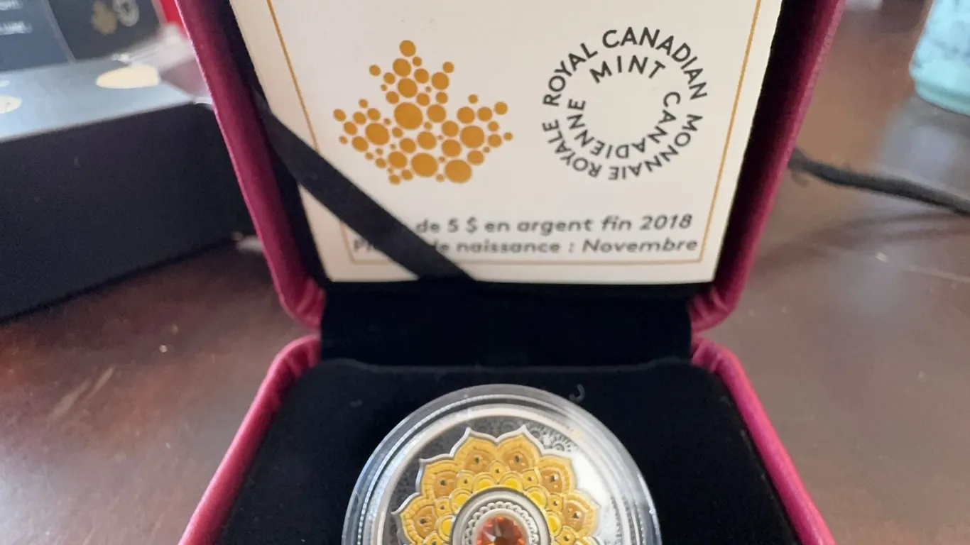 2018 $5 Fine Silver Coin Birthstones November Royal Canadian Mint Topaz Swarovski