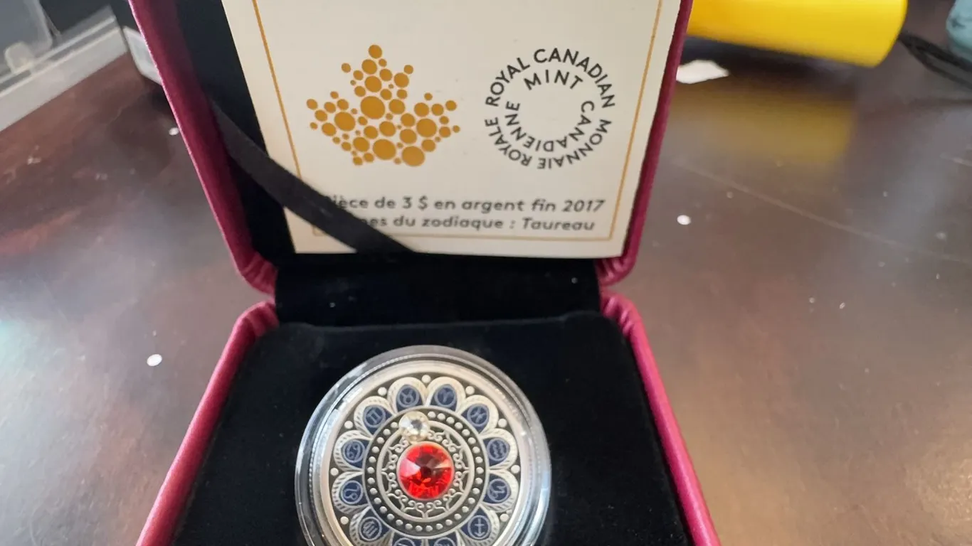 2017 $3 Fine Silver Coin Zodiac Series: Taurus, Swarovski Crystal, Royal Canadian Mint