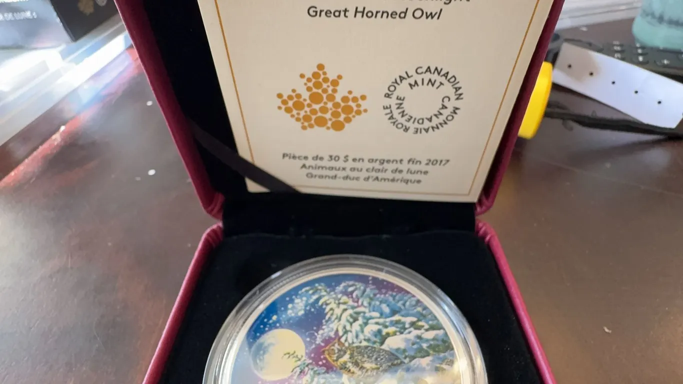 2017 $30 Fine Silver Coin Animals in the Moonlight Great Horned Owl, 54mm, RCM, Boxed