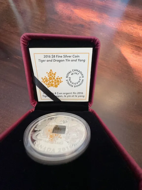 2016 $8 Fine Silver Coin Tiger and Dragon Yin and Yang 99.99% Pure Silver 36mm