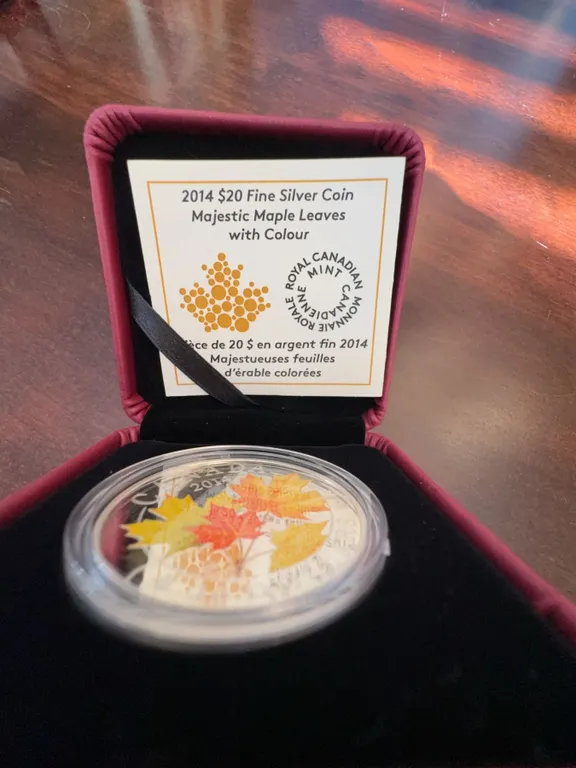 2014 $20 Fine Silver Coin Majestic Maple Leaves With Colour, Royal Canadian Mint