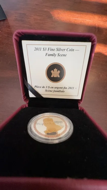 2011 $3 Fine Silver Coin Family Scene Canada, Andrew Qappik, Selective Plating, Boxed