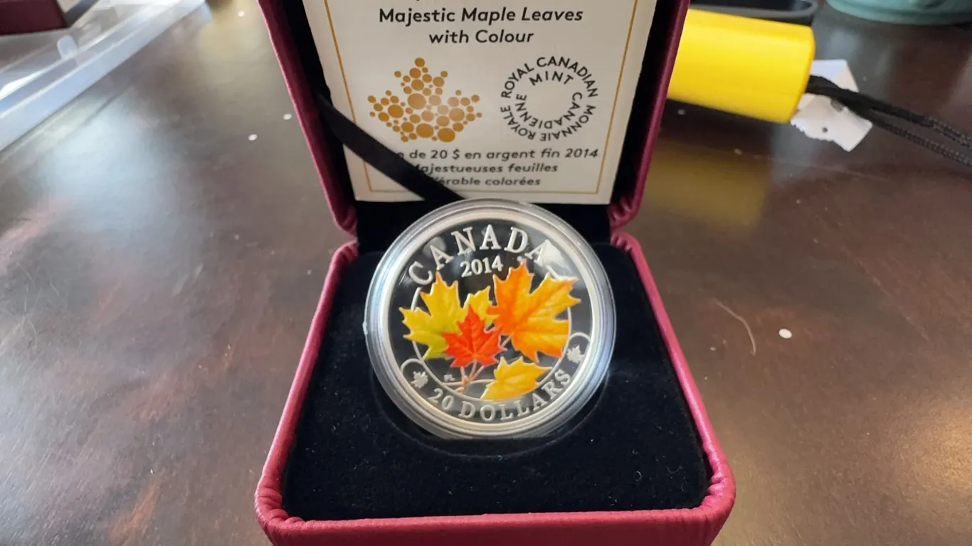 2014 $20 Fine Silver Coin Majestic Maple Leaves With Colour, Box and COA