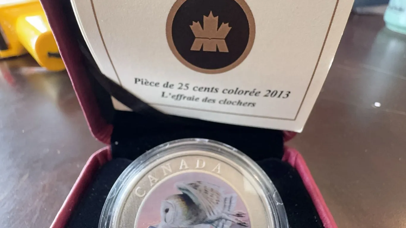 2013 Canada 25-Cent Coloured Coin Barn Owl, 35mm, Limited Mintage 17500, Boxed