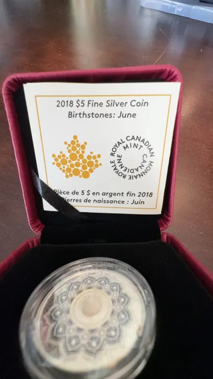 2018 $5 Fine Silver Coin Birthstones June Royal Canadian Mint with Swarovski Pearl