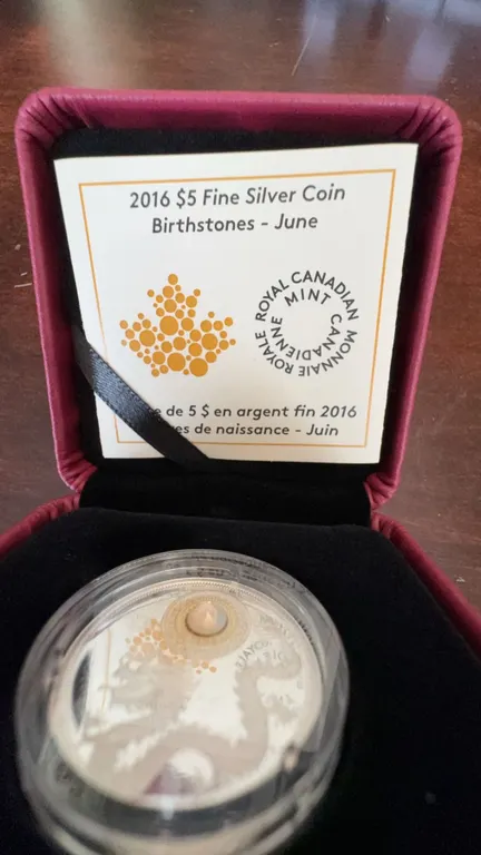 2016 $5 Fine Silver Coin Birthstones June by Royal Canadian Mint with Opal and Box