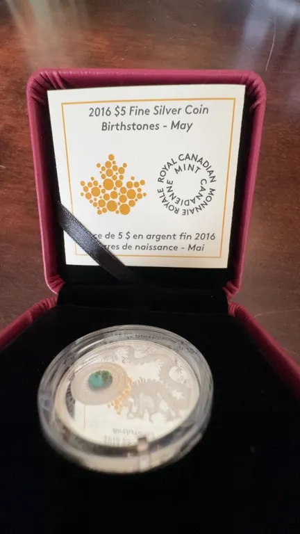 2016 $5 Fine Silver Coin Birthstones May, Royal Canadian Mint, 99.99%, Swarovski Gem