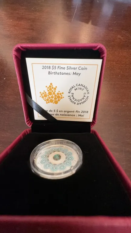 2018 $5 Fine Silver Coin Birthstones May With Swarovski Crystal, Box and COA