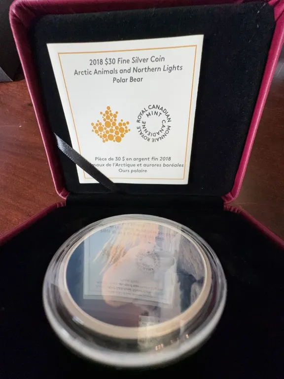 2018 $30 Fine Silver Coin Arctic Animals and Northern Lights Polar Bear 62.69g