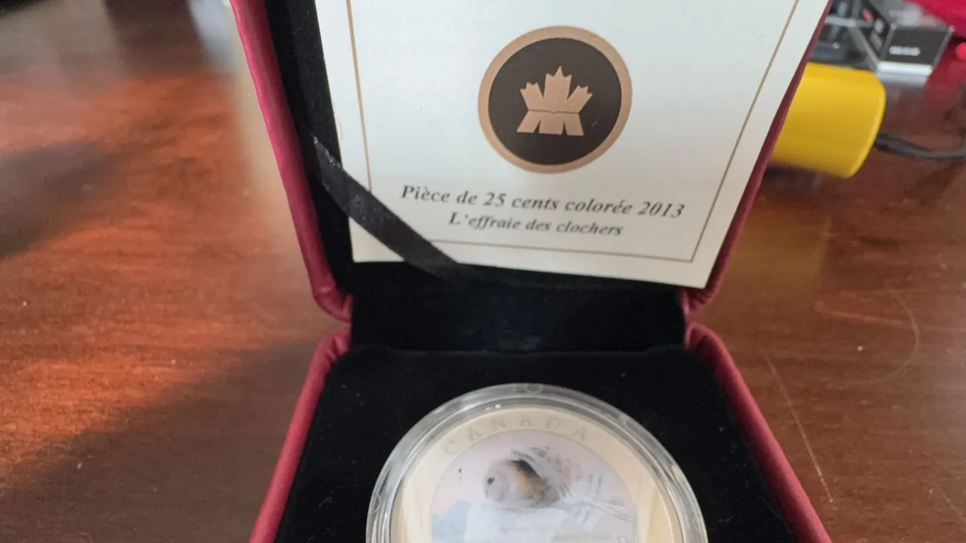 2013 Canada 25-Cent Coloured Coin Barn Owl, Mintage 17500, Cupro-nickel, Boxed