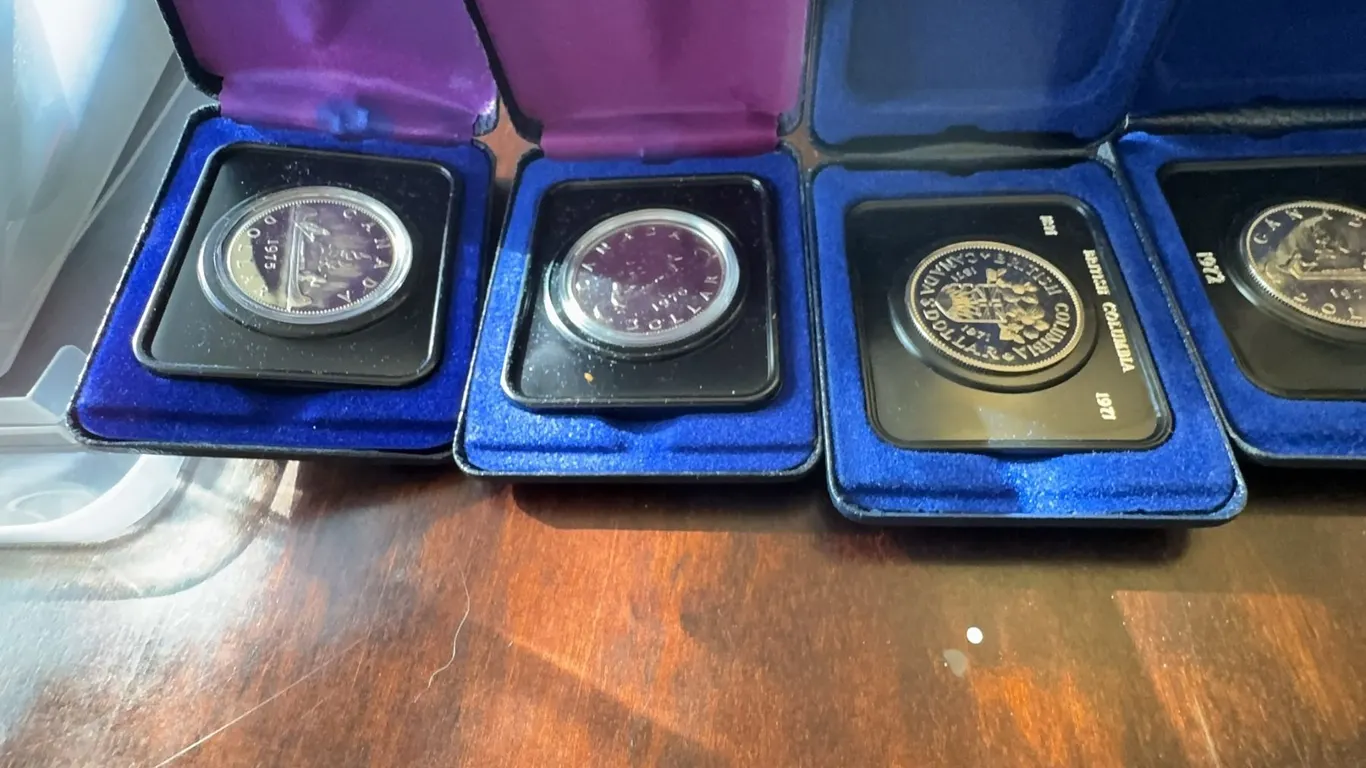 1972-1974 Canadian Proof Silver Dollar Coins in Display Cases, 6 Total