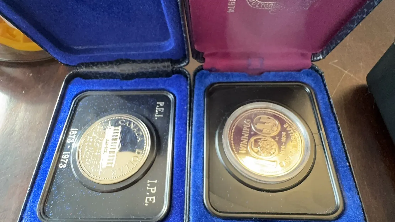 1973 PEI and 1982 Regina Proof Silver Dollar Coins in Original Display Cases