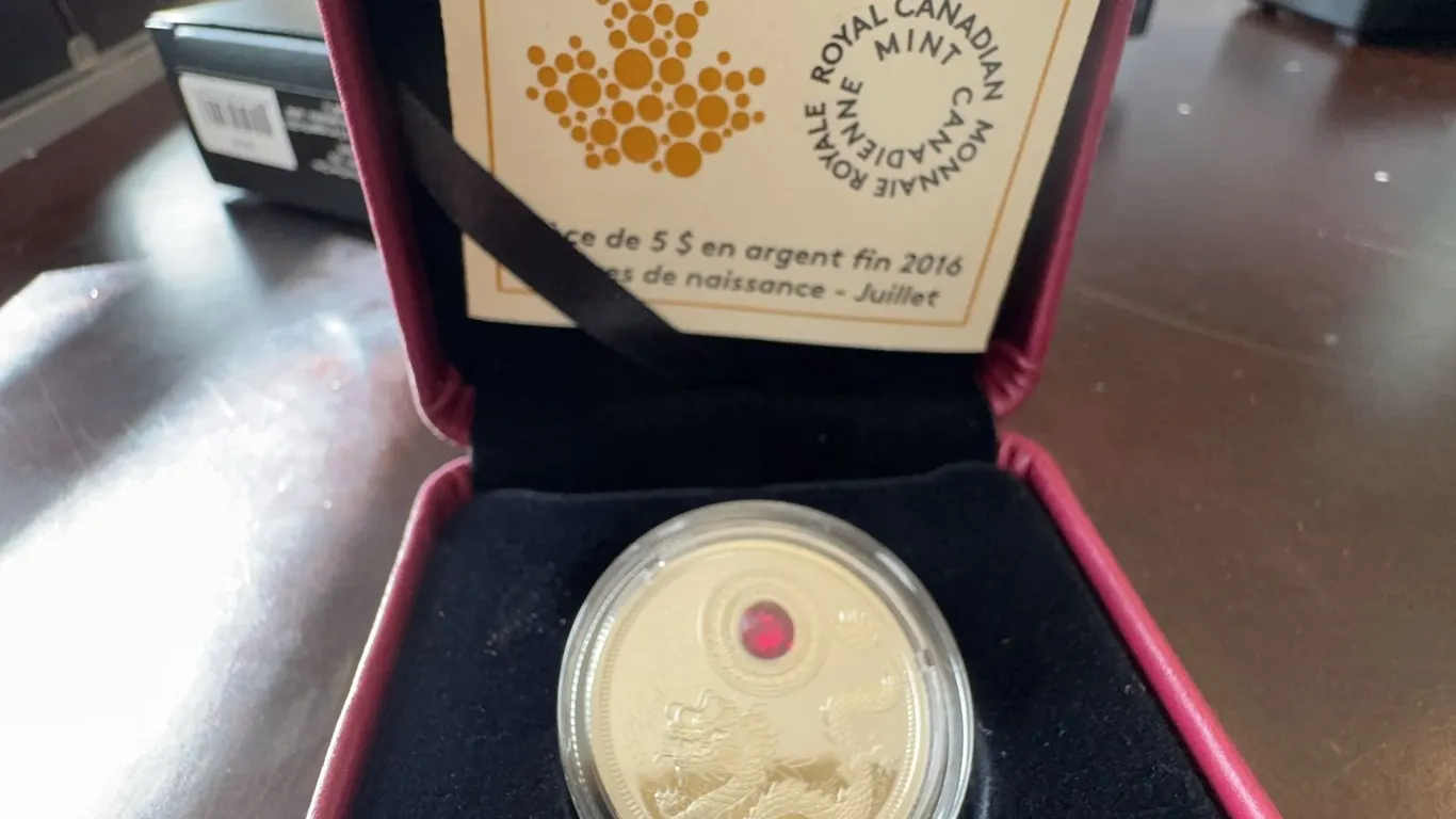 2016 $5 Fine Silver Coin with Swarovski July Birthstone, Royal Canadian Mint
