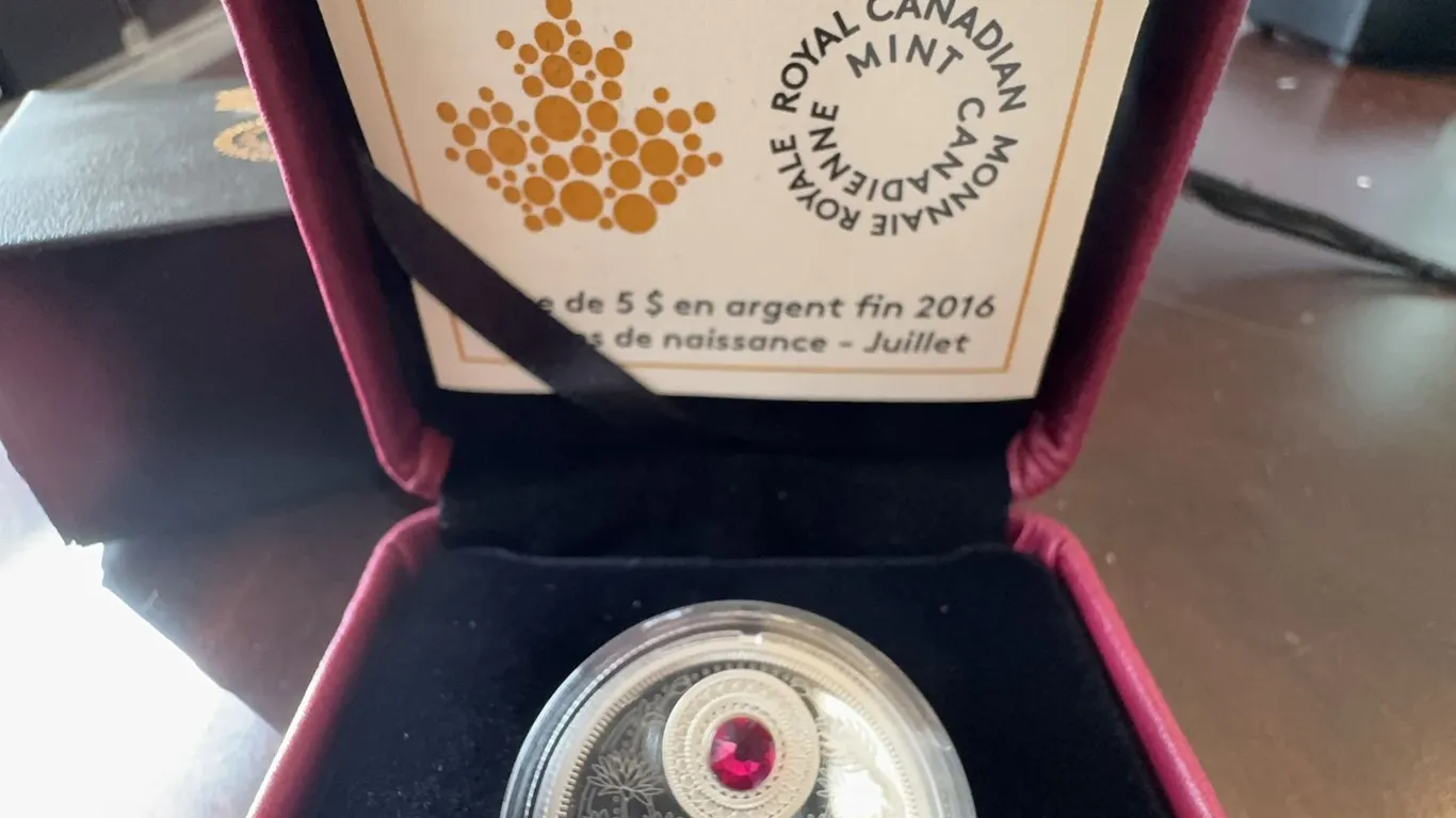 2016 $5 Fine Silver Coin Royal Canadian Mint Birthstones July Dragon w/ Swarovski Ruby