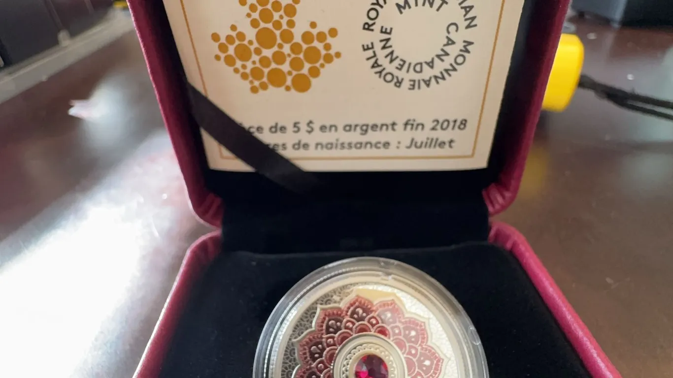 2018 $5 Fine Silver Coin July Birthstone Royal Canadian Mint w/Swarovski Crystal