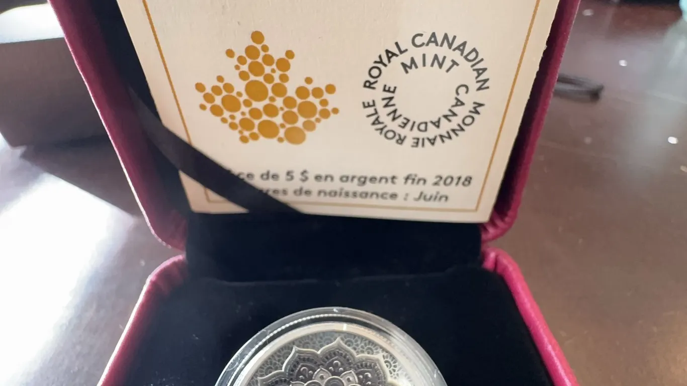 2018 $5 Fine Silver Coin Royal Canadian Mint Birthstones June with Pearl 27mm 7.96g