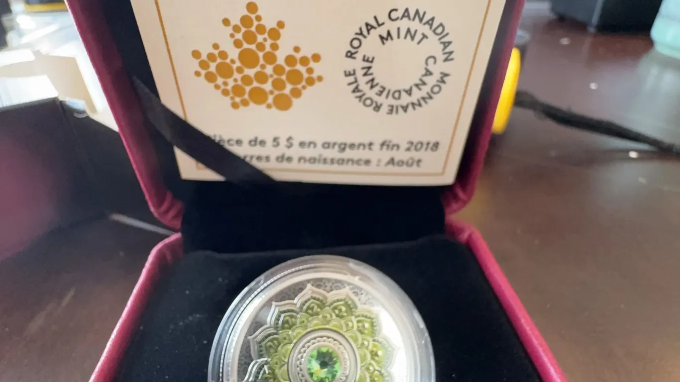 2018 $5 Fine Silver Coin August Birthstone Royal Canadian Mint with Case