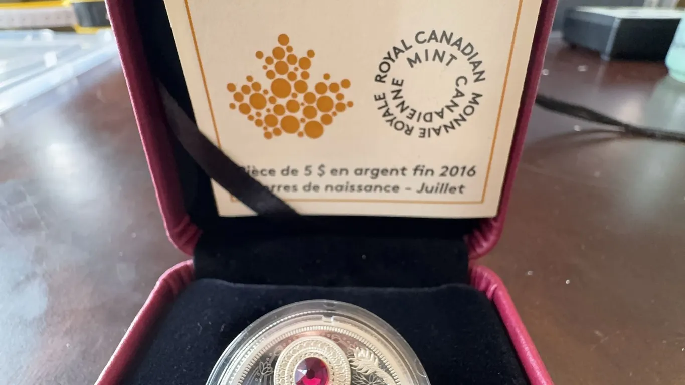 2016 $5 Fine Silver Coin Royal Canadian Mint Birthstones July Ruby, 7.96g, Boxed