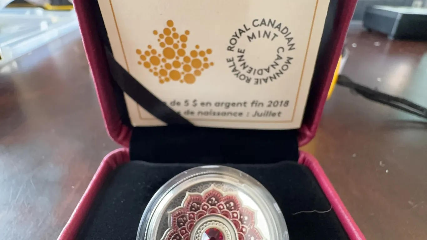 2018 $5 Fine Silver Coin July Birthstones Royal Canadian Mint Swarovski Ruby