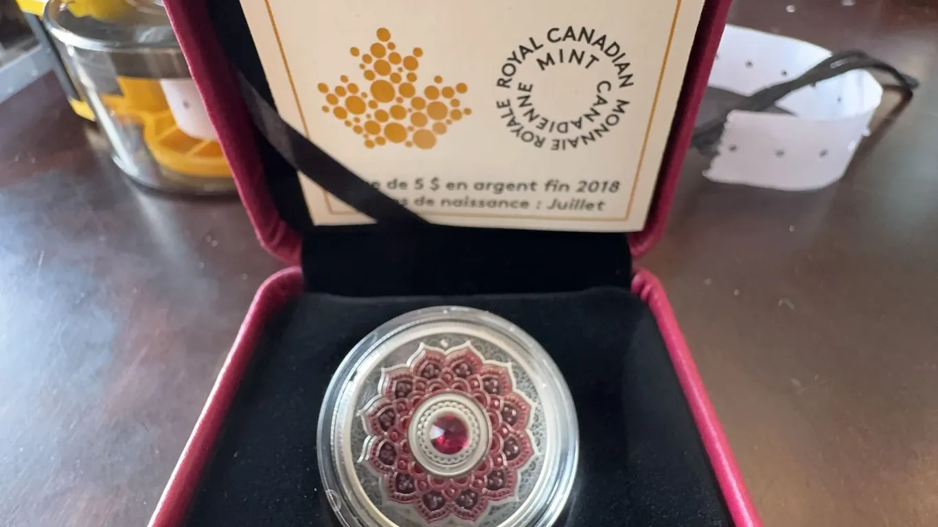 2018 $5 Fine Silver Coin Birthstones July Royal Canadian Mint with Swarovski Crystal