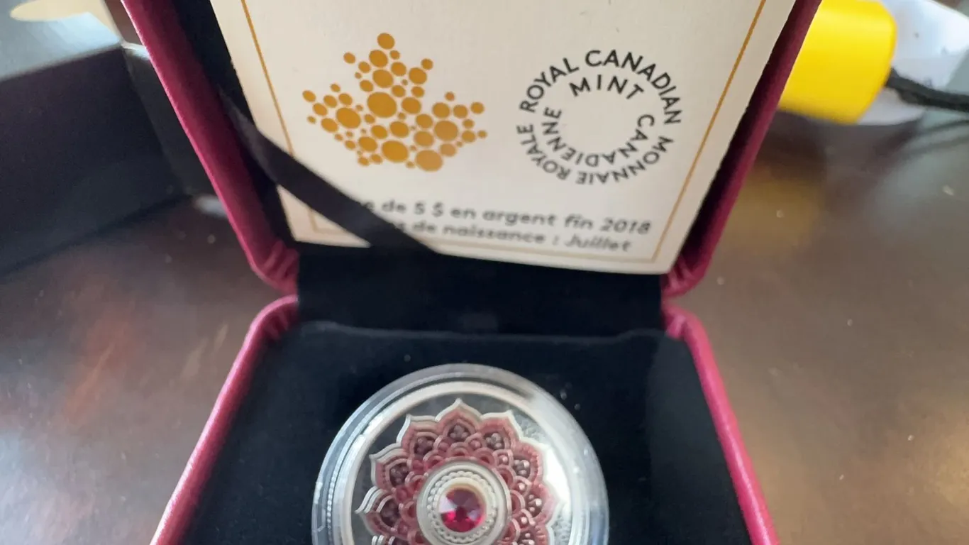 2018 $5 Fine Silver Coin Birthstones July RCM Mandala Swarovski Ruby