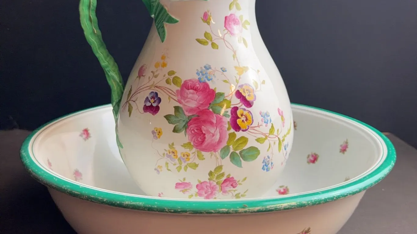 Hand-Painted Floral Porcelain Pitcher and Bowl Set with Green Handle, Bowl 15 in, Pitcher 13 in