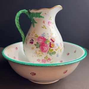Hand-Painted Floral Porcelain Pitcher and Bowl Set with Green Handle, Bowl 15 in, Pitcher 13 in