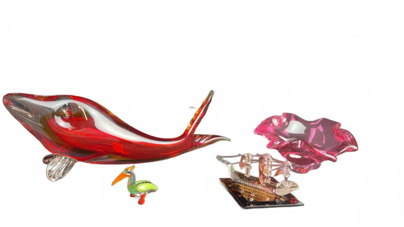 Four Assorted Art Glass Miniatures: Whale, Bird, Dish, Ship