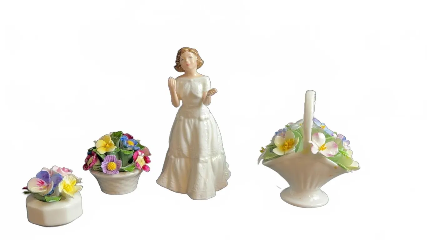 Royal Doulton Welcome HN3764 Figurine with Three Floral Porcelain Ornaments