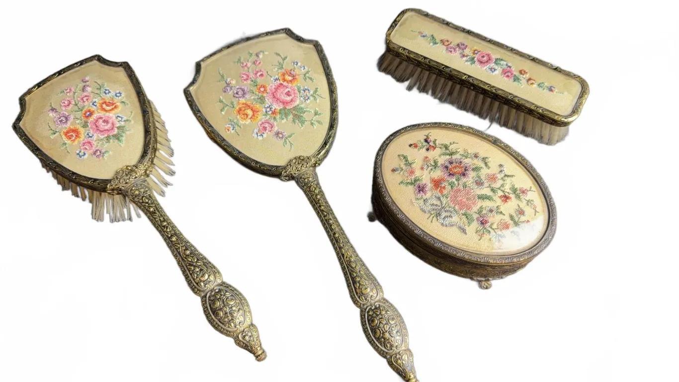 Four-Piece Vanity Set With Embroidered Floral Motifs and Ornate Handles