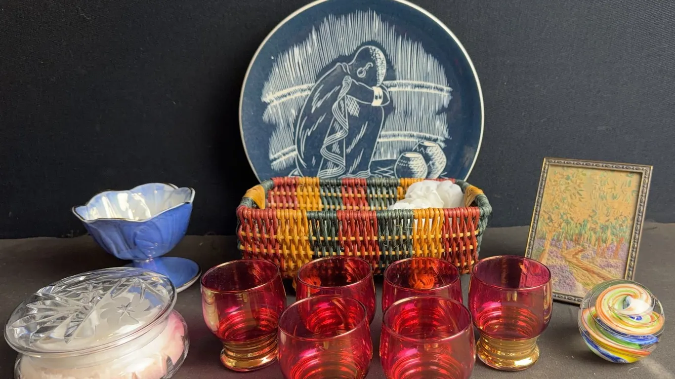 Decorative Lot: Ruby Glassware, Plate, Crystal Jar, Miniature Painting, Basket