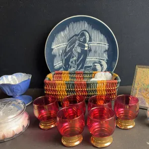Decorative Lot: Ruby Glassware, Plate, Crystal Jar, Miniature Painting, Basket