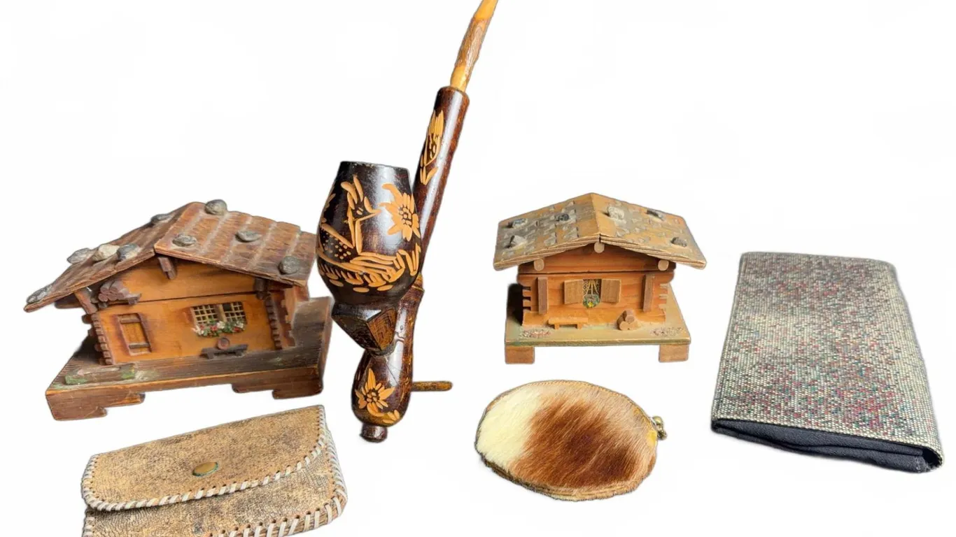 6 Swiss Chalet Figurines, Carved Pipe, Coin Purse, Wallet, Textiles