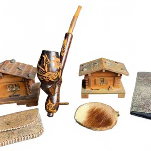 6 Swiss Chalet Figurines, Carved Pipe, Coin Purse, Wallet, Textiles