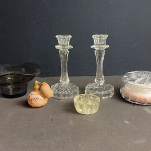 Glass and Decorative Vanity Items Including Perfume Atomizer and Candlesticks