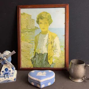 Wedgwood Blue Jasperware Heart Box, Delft Style Windmill, Hammered Metal Mug, Framed Print