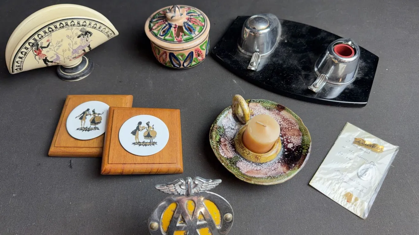 A Vintage AA Badge, Inkwell, Coasters, Trinket Box, Candle Holder