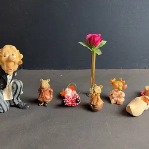 Figurines and Miniatures Including Mice, Clown, Wooden Shoes and Bud Vase