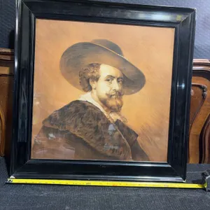 Framed Portrait Print, Gentleman in Hat, L.P. Brownlow Nottingham Label, 67x67cm
