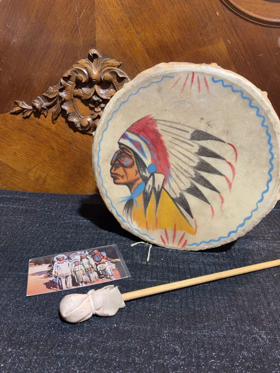 Hand-Painted Native-Style Drum With Beater, Postcard 'Chief Running Horse & Family' 1962